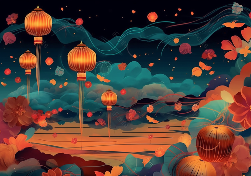 中国风唯美飘逸国潮灯笼插画背景,插画/手绘图,插画/手绘图库,插画/手绘图下载,插画/手绘